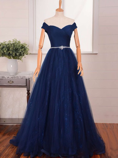 A-line Off-the-shoulder Tulle Sequined with Beading Sweep Train Noble Prom Dresses #JCD020102612