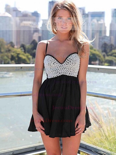 Black Empire Sweetheart Chiffon Short/Mini Pearl Detailing Junior Prom Dresses #JCD020102613