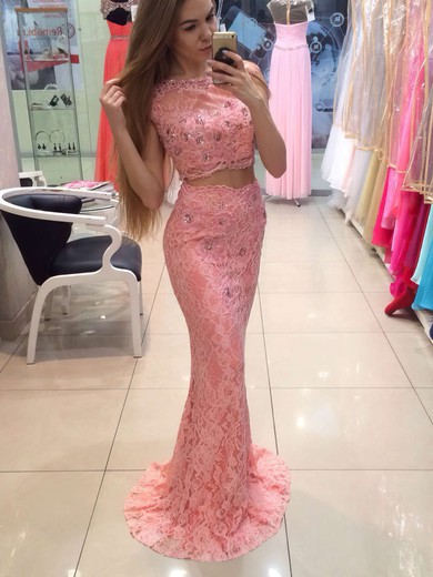 Classy Scoop Neck Sheath/Column Lace Crystal Detailing Sweep Train Two Piece Prom Dress #JCD020102615