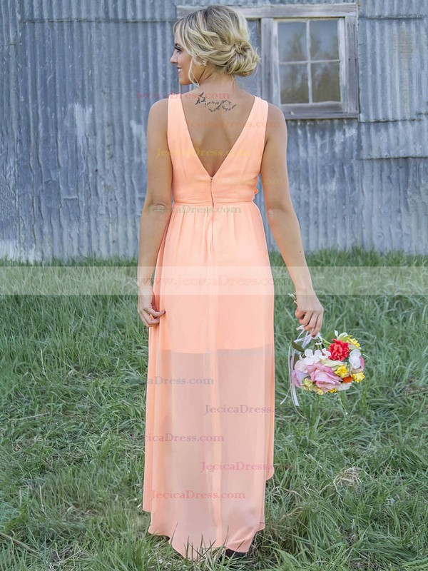 A-line Scoop Neck Chiffon Asymmetrical Appliques Lace Beautiful Bridesmaid Dresses #JCD01012899
