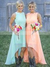 A-line Scoop Neck Chiffon Asymmetrical Appliques Lace Beautiful Bridesmaid Dresses #JCD01012899