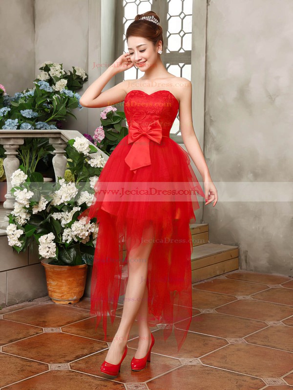 Glamorous A-line Sweetheart Lace Tulle with Bow Asymmetrical Bridesmaid Dresses #JCD01012901