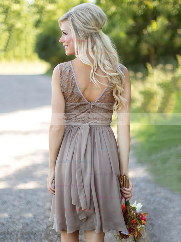 A-line Scoop Neck Lace Chiffon Knee-length Sashes / Ribbons Fabulous Bridesmaid Dresses #JCD01012903