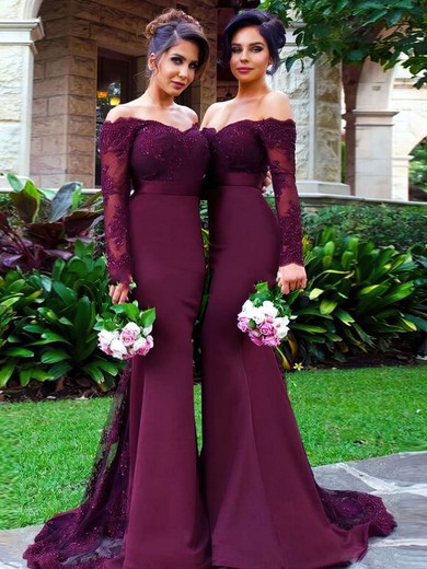 Trumpet/Mermaid Off-the-shoulder Tulle Silk-like Satin Sweep Train Appliques Lace Long Sleeve Bridesmaid Dresses #JCD01012904