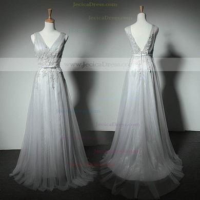 Perfect A-line V-neck Tulle Floor-length with Appliques Lace Bridesmaid Dresses #JCD01012905
