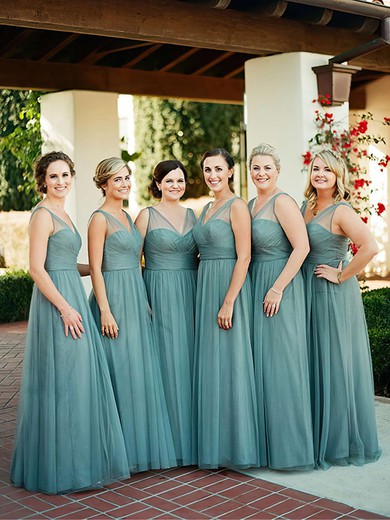 A-line V-neck Tulle Floor-length with Ruffles Affordable Bridesmaid Dresses #JCD01012907