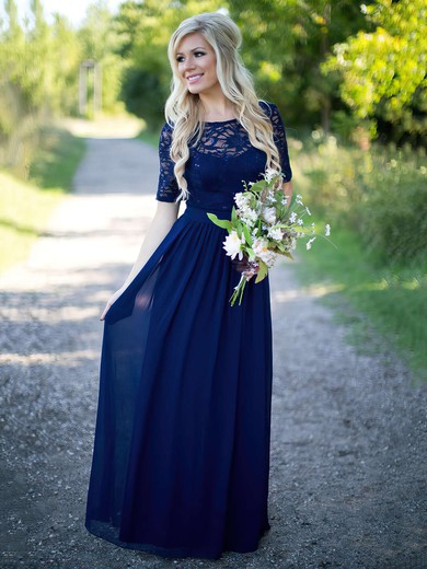 A-line Scoop Neck Lace Chiffon Floor-length Sequins Short Sleeve Bridesmaid Dress #JCD01012910