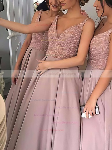 Princess V-neck Satin Floor-length with Beading Stunning Bridesmaid Dresses #JCD01012912