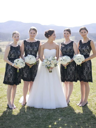 A-line Scoop Neck Lace Knee-length Sashes / Ribbons Black Open Back Bridesmaid Dresses #JCD01012917