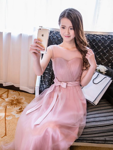A-line Scoop Neck Tulle Floor-length Sashes / Ribbons Sweet Bridesmaid Dresses #JCD01012918