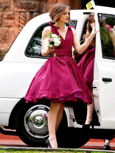 A-line V-neck Chiffon Short/Mini with Ruffles New Arrival Bridesmaid Dresses #JCD01012925