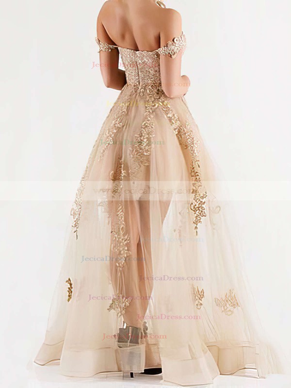 A-line Off-the-shoulder Tulle Floor-length Appliques Lace Unique Bridesmaid Dress #JCD01012926