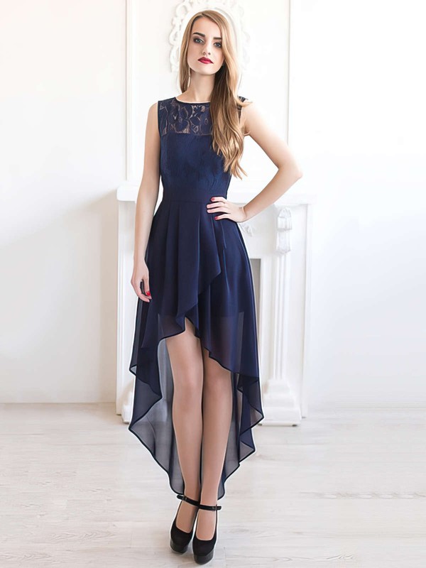 A-line Scoop Neck Chiffon with Lace Asymmetrical Dark Navy Bridesmaid Dresses #JCD01012927