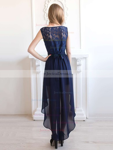 A-line Scoop Neck Chiffon with Lace Asymmetrical Dark Navy Bridesmaid Dresses #JCD01012927