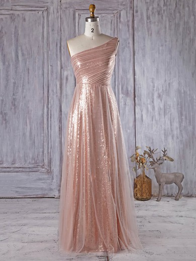 Different A-line One Shoulder Tulle Sequined Floor-length Ruffles Bridesmaid Dress #JCD01012934