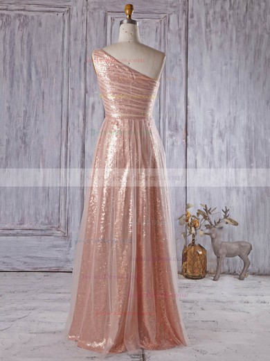 Different A-line One Shoulder Tulle Sequined Floor-length Ruffles Bridesmaid Dress #JCD01012934