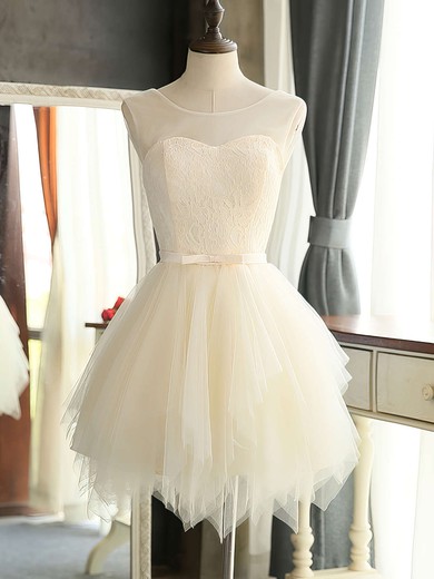 A-line Scoop Neck Lace Tulle Short/Mini Sashes / Ribbons Girls Bridesmaid Dresses #JCD01012941