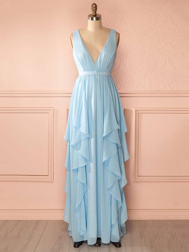 A-line V-neck Chiffon Floor-length Sashes / Ribbons Beautiful Bridesmaid Dresses #JCD01012942