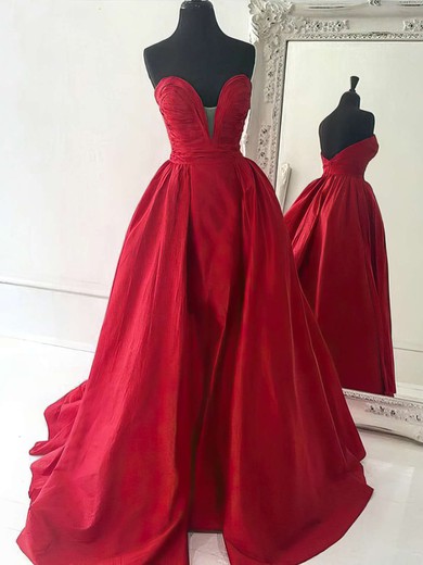 Unique A-line V-neck Satin Sweep Train Ruffles Backless Red Prom Dresses #JCD020102672