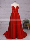 Unique A-line V-neck Satin Sweep Train Ruffles Backless Red Prom Dresses #JCD020102672