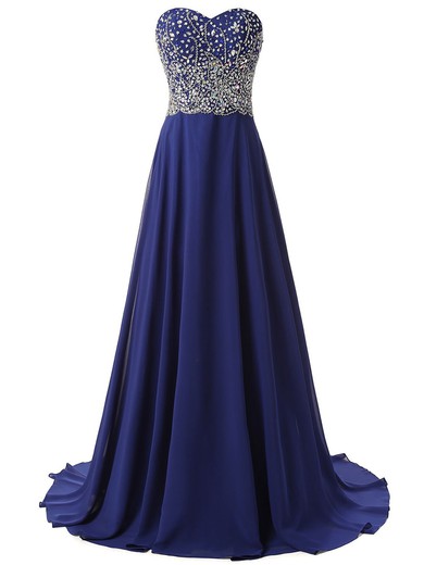 A-line Sweetheart Royal Blue Chiffon Crystal Detailing Sweep Train Original Prom Dresses #JCD020102673