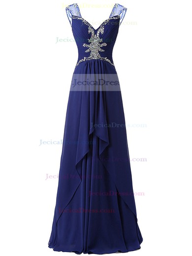 V-neck A-line Royal Blue Chiffon with Beading Floor-length Custom Prom Dress #JCD020102674