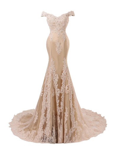 Champagne Tulle Appliques Lace Sweep Train Trumpet/Mermaid Off-the-shoulder Prom Dress #JCD020102677