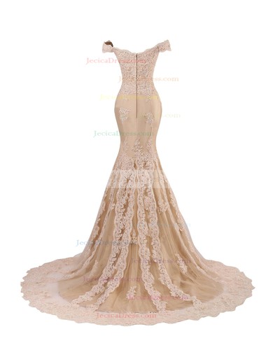 Champagne Tulle Appliques Lace Sweep Train Trumpet/Mermaid Off-the-shoulder Prom Dress #JCD020102677