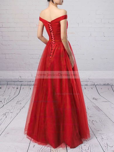 Burgundy Princess Ruffles Tulle Floor-length Off-the-shoulder Prom Dresses #JCD020102678