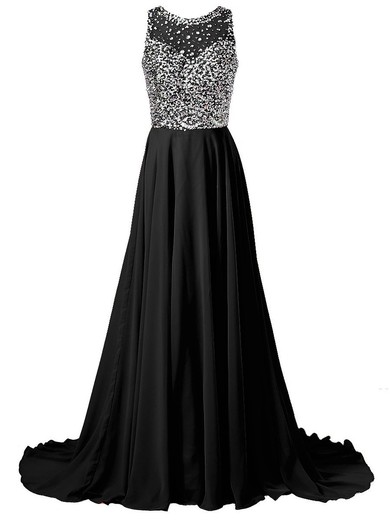 A-line Scoop Neck Black Chiffon Crystal Detailing Sweep Train Juniors Prom Dresses #JCD020102679