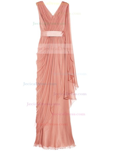 Affordable Sheath/Column Chiffon Sashes / Ribbons Floor-length V-neck Prom Dresses #JCD020102682