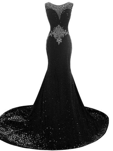 Scoop Neck Black Tulle Sequined Crystal Detailing Court Train Trumpet/Mermaid Prom Dress #JCD020102683