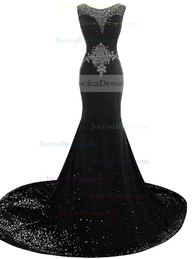 Scoop Neck Black Tulle Sequined Crystal Detailing Court Train Trumpet/Mermaid Prom Dress #JCD020102683