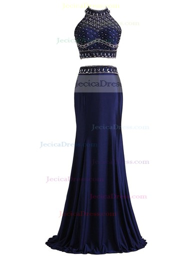 Two Piece Trumpet/Mermaid Tulle Chiffon Beading Floor-length Open Back High Neck Prom Dress #JCD020102684
