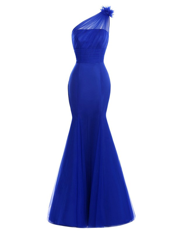 Trumpet/Mermaid Ruffles Tulle Floor-length Inexpensive One Shoulder Prom Dresses #JCD020102685