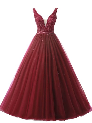 Ball Gown Backless V-neck Tulle with Beading Floor-length Discounted Prom Dresses #JCD020102689