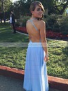 Backless A-line Scoop Neck Chiffon Tulle Appliques Lace Ankle-length Prom Dress #JCD020102693