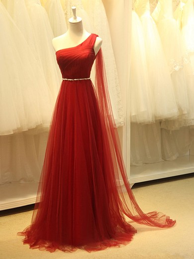 One Shoulder A-line Lace Tulle Pearl Detailing Sweep Train Elegant Prom Dresses #JCD020102695