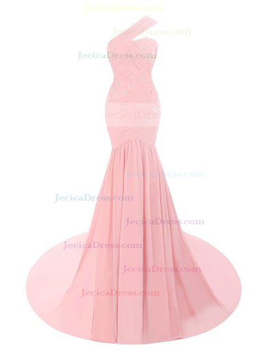 One Shoulder Trumpet/Mermaid Ruffles Chiffon Court Train Noble Pink Prom Dresses #JCD020102698