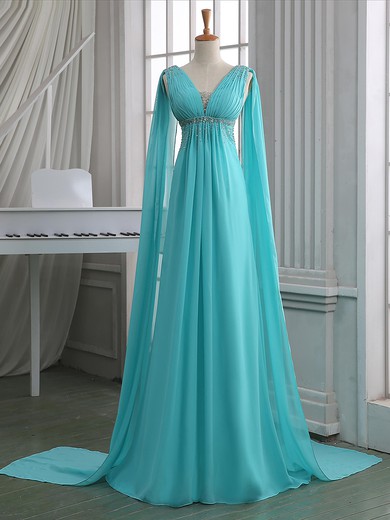 Perfect V-neck Chiffon with Beading Lace-up Sweep Train Empire Prom Dresses #JCD020102701