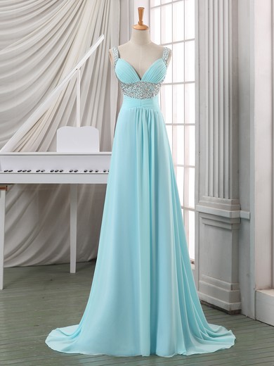 A-line Chiffon with Sequins Lace-up Sweep Train V-neck Fabulous Prom Dresses #JCD020102702