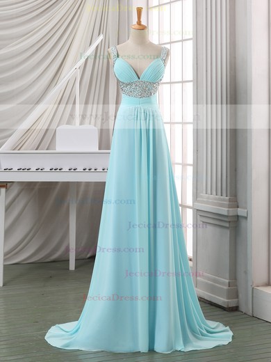 A-line Chiffon with Sequins Lace-up Sweep Train V-neck Fabulous Prom Dresses #JCD020102702