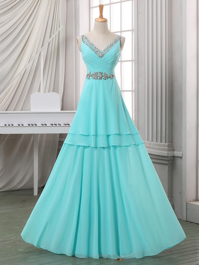 A-line Floor-length Chiffon with Sequins V-neck Famous Prom Dresses #JCD020102703