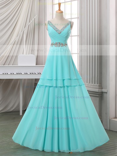A-line Floor-length Chiffon with Sequins V-neck Famous Prom Dresses #JCD020102703