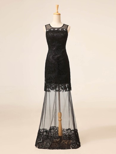 Scoop Neck Black Lace Tulle Beading Floor-length Sheath/Column Prom Dresses #JCD020102705