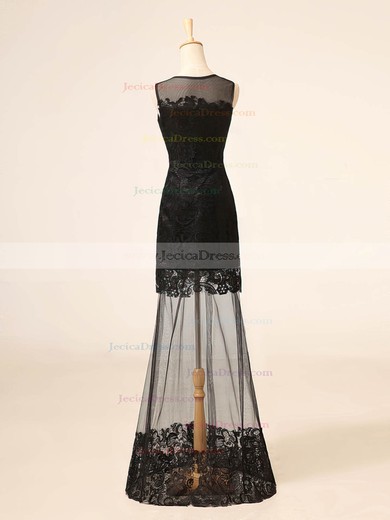 Scoop Neck Black Lace Tulle Beading Floor-length Sheath/Column Prom Dresses #JCD020102705