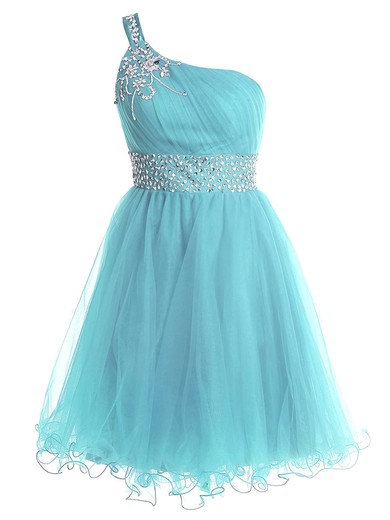 Girls A-line Tulle with Beading Short/Mini One Shoulder Prom Dresses #JCD020102707