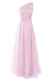 Pink One Shoulder A-line Tulle with Beading Floor-length Junior Prom Dresses #JCD020102710