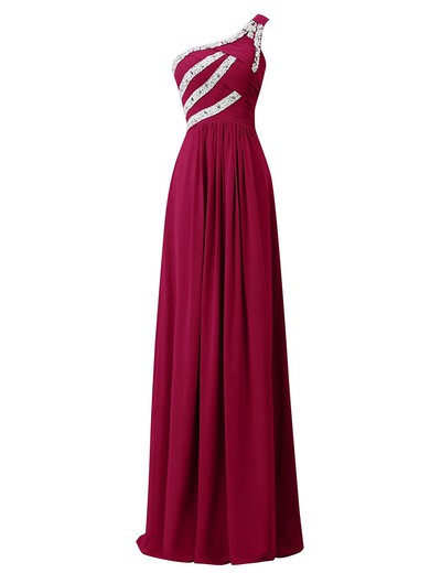 Juniors Burgundy Sheath/Column Ruffles Chiffon Floor-length One Shoulder Prom Dresses #JCD020102711