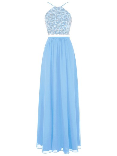 A-line Scoop Neck Floor-length Chiffon with Beading Unique Two Piece Prom Dresses #JCD020102712